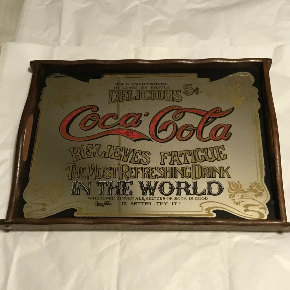 Vintage wooden Coca Cola 2 handled advertising mirrored serving tray